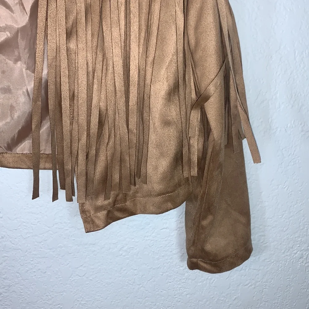 Brown Fringe Faux Suede Leather Cowboy Style Long Sleeve Coat - Picture 7 of 14